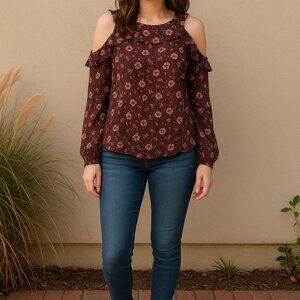 Boho Floral Cold Shoulder Ruffle Blouse Aeropostale Brown Pink Women’s Small